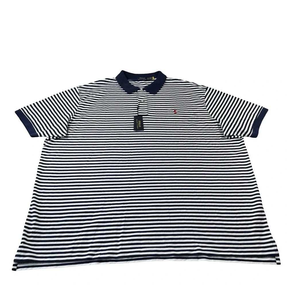 Polo Ralph Lauren White Blue Striped Cotton Red Pony Mens Polo Shirt Size 6XLB